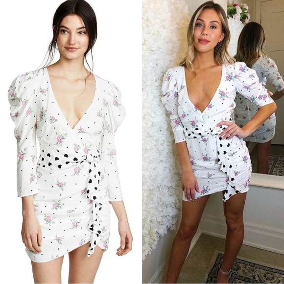 FOR LOVE LEMONS Floral Puff Sleeve Ruched Heart‎ Ruffle Belt Faux Wrap Dress XS - Picture 8 of 16